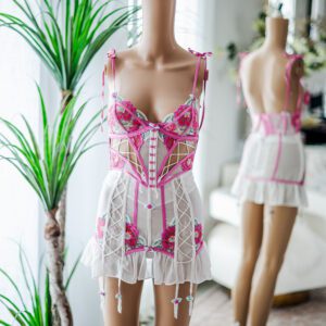 For Love and Lemons Pink and White Floral Lace Bustier (XXS)