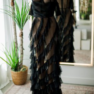 Long Sheer Black Ruffle Corset Dress