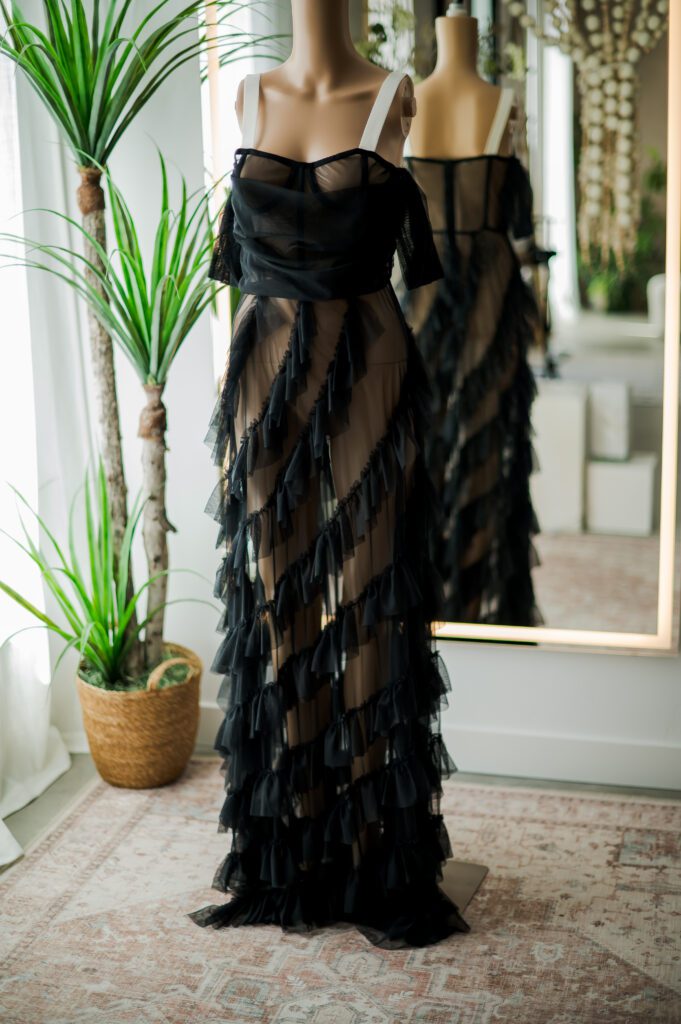 Long Sheer Black Ruffle Corset Dress (M)