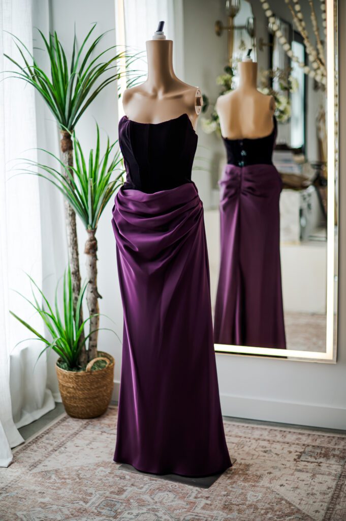 Plum Velvet and Satin Strapless Gown (6)