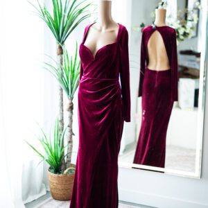 Magenta Velvet Sleeved Backless Gown (L)