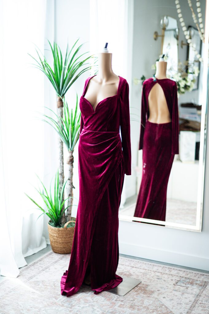 Magenta Velvet Sleeved Backless Gown (L)