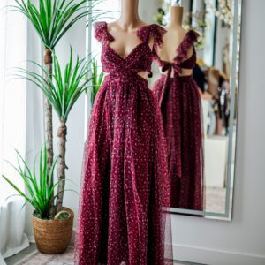 Mac Duggal Floral Burgundy Chiffon Tulle Gown (XS )