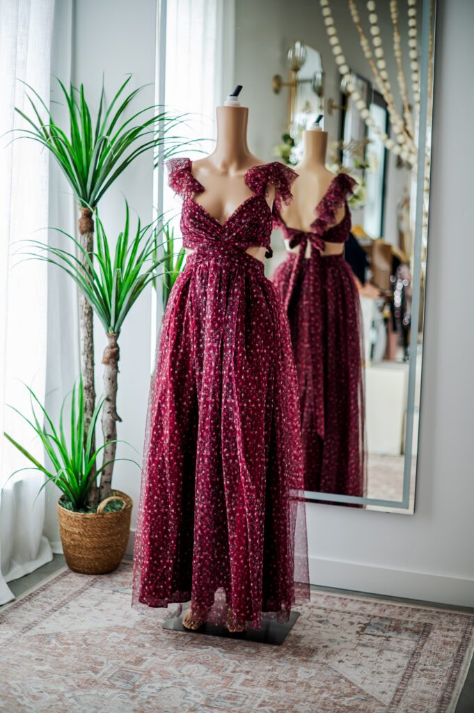 Mac Duggal Floral Burgundy Chiffon Tulle Gown (XS )