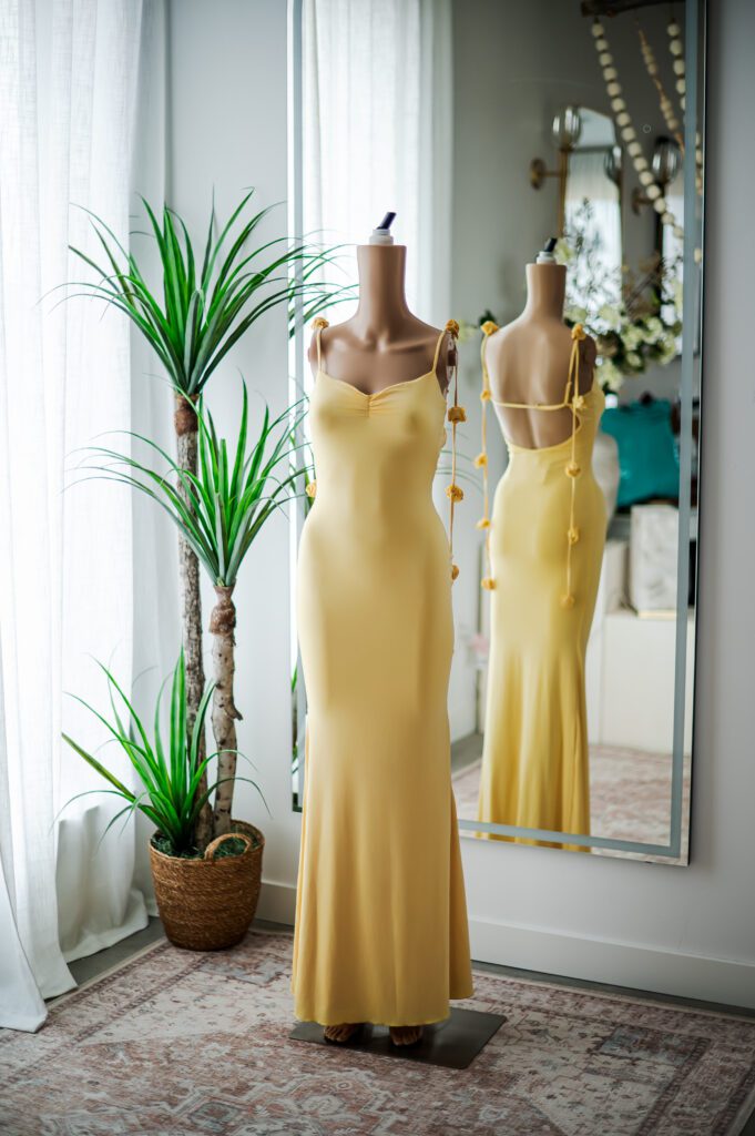 Oh Polly Stretchy Light Yellow Gown with Flower Cascade (s)