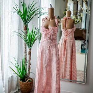 Gingham Pink Peach Maxi Halter (M)