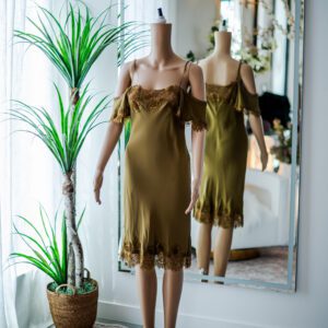 Gold Hawk Olive Green Satin Slip Dress (S)