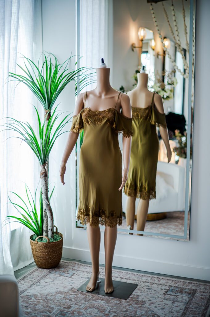 Gold Hawk Olive Green Satin Slip Dress (S)