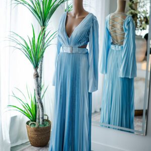Mac Duggal Light Blue Pleated Long Sleeve Satin Maxi (2)