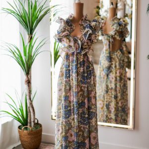 Vici Blue-Green Floral Ruffle Shoulder Dress ()
