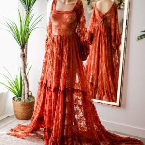 Rust Orange Lace Long Sleeve Gown-Has a matching bodysuit (M-XL)