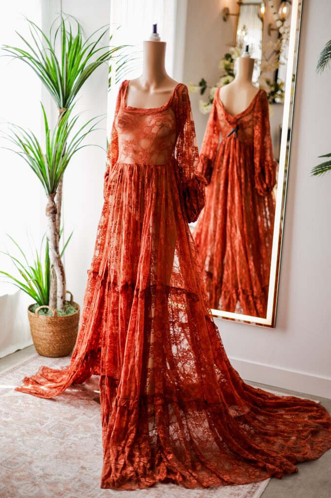 Rust Orange Lace Long Sleeve Gown-Has a matching bodysuit (M-XL)