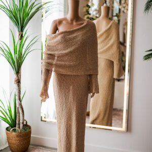 Meshki Stretch Knit Tan Off the Shoulder Dress ()