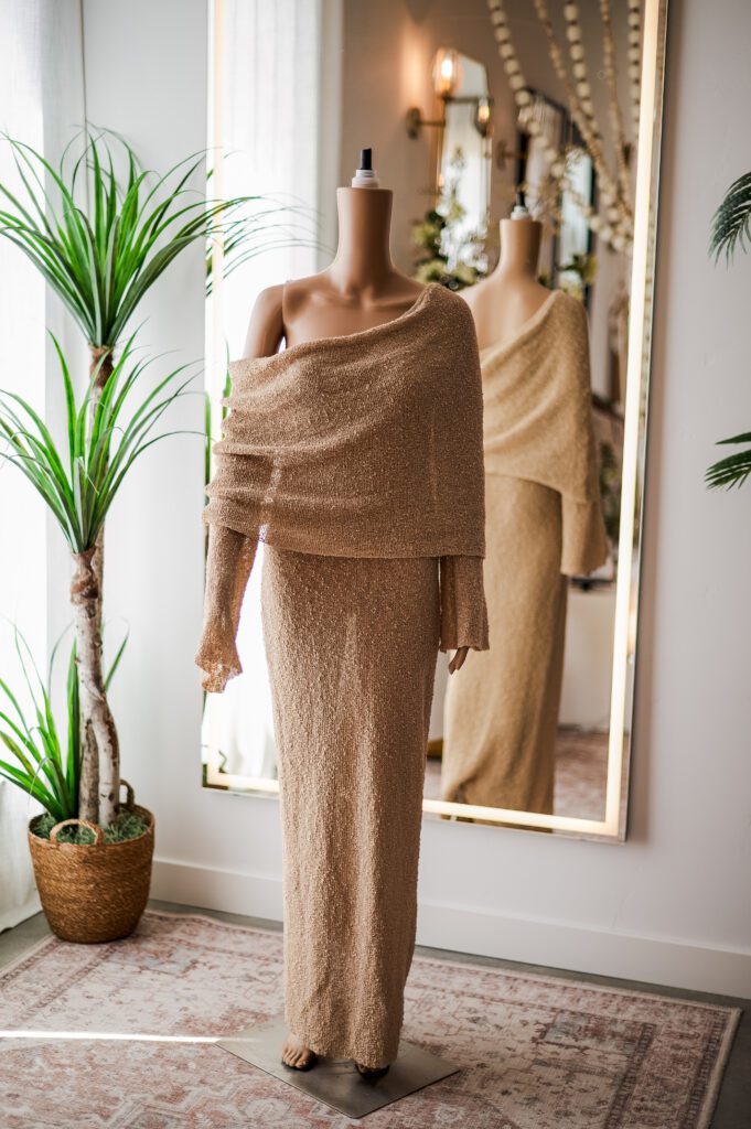 Meshki Stretch Knit Tan Off the Shoulder Dress ()