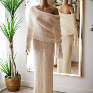 Meshki Stretch Knit Cream Off the Shoulder Dress ()