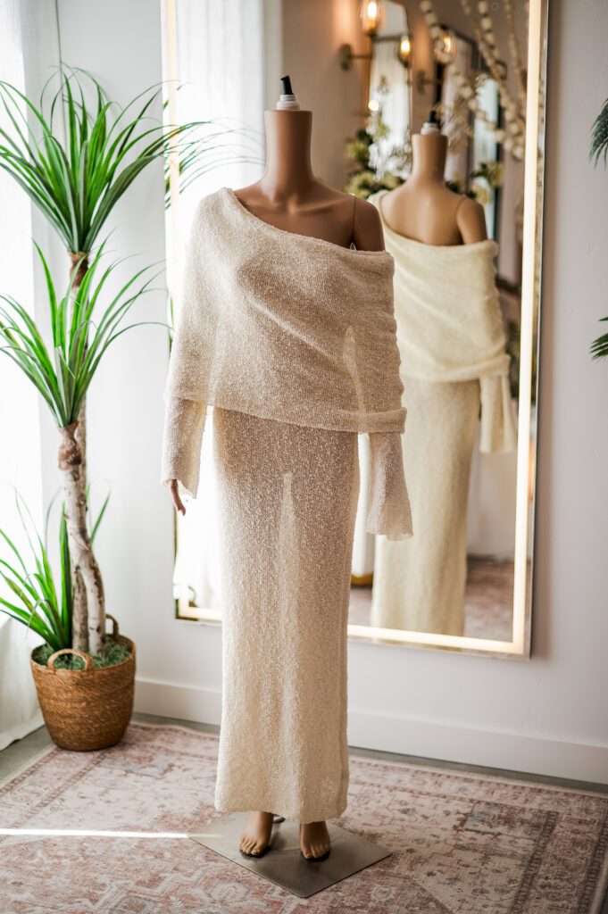Meshki Stretch Knit Cream Off the Shoulder Dress ()