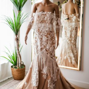 Custom Boho Lace and Fringe Gown (S)