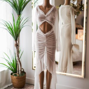 Sheer Long Sleeve High Low White Dress (L)