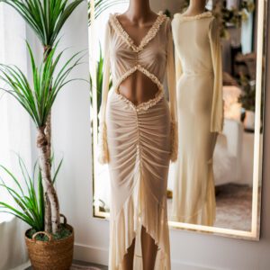 Sheer Long Sleeve High Low Cream Dress (L)