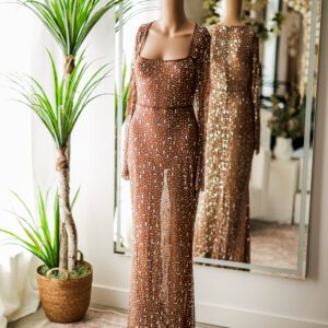 Oh Polly Brown Sheer Rhinestoned Long Sleeve Gown (4)