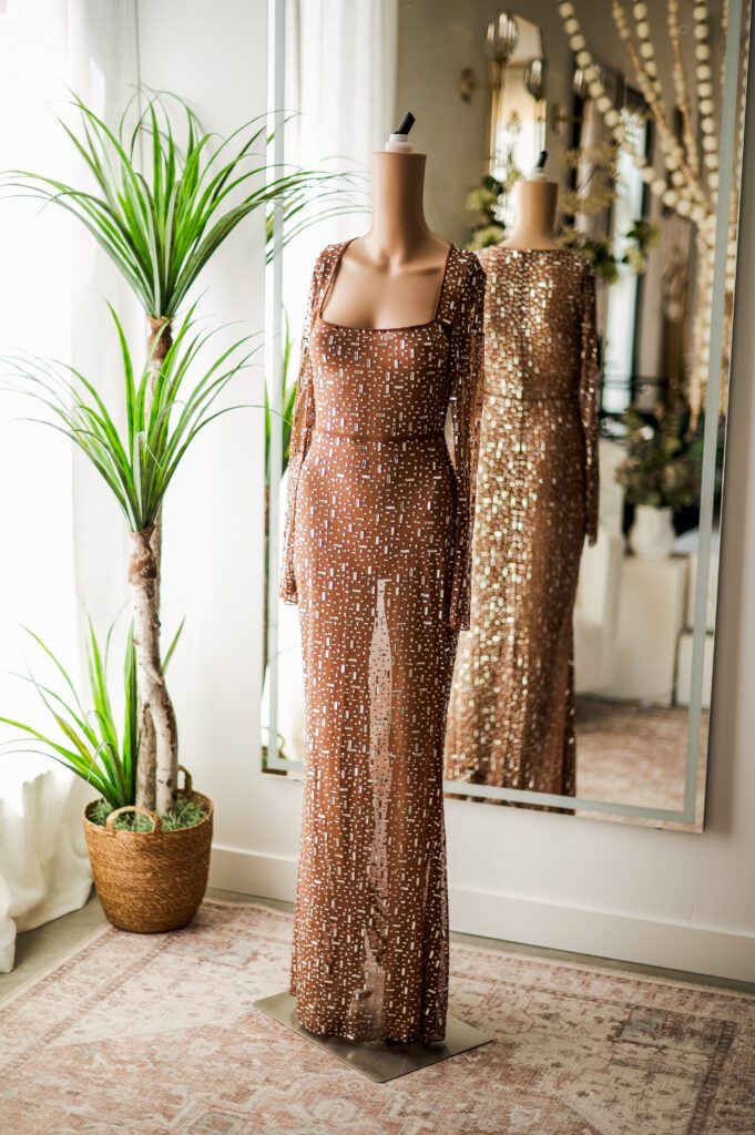 Oh Polly Brown Sheer Rhinestoned Long Sleeve Gown (4)