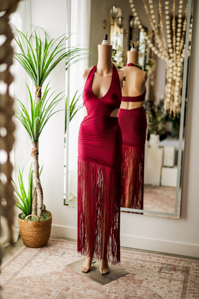 Oh Polly Red Satin Halter Fringe Gown (0)