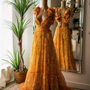 Mac Duggal Ruffle Sleeve Gold Floral Gown (12)