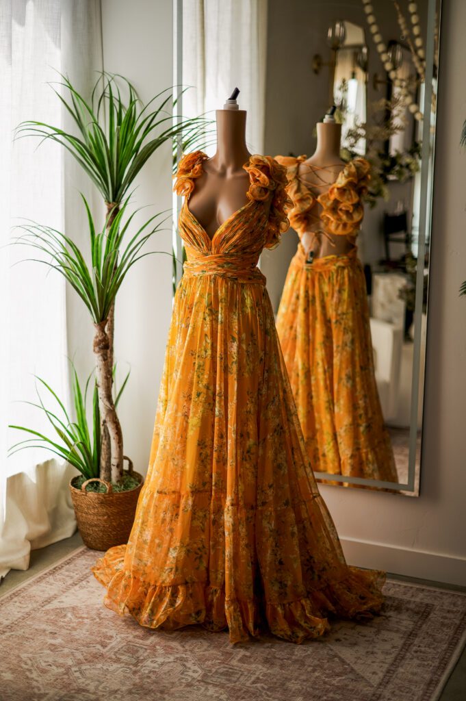 Mac Duggal Ruffle Sleeve Gold Floral Gown (12)
