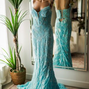 Jovani Teal Lace Glitter Corset Gown (6)