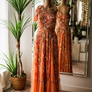 Mac Duggal Orange Floral Embellished One Shoulder Gown (2)