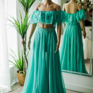Tarik Ediz 2 Piece Teal Chiffon Gown-6