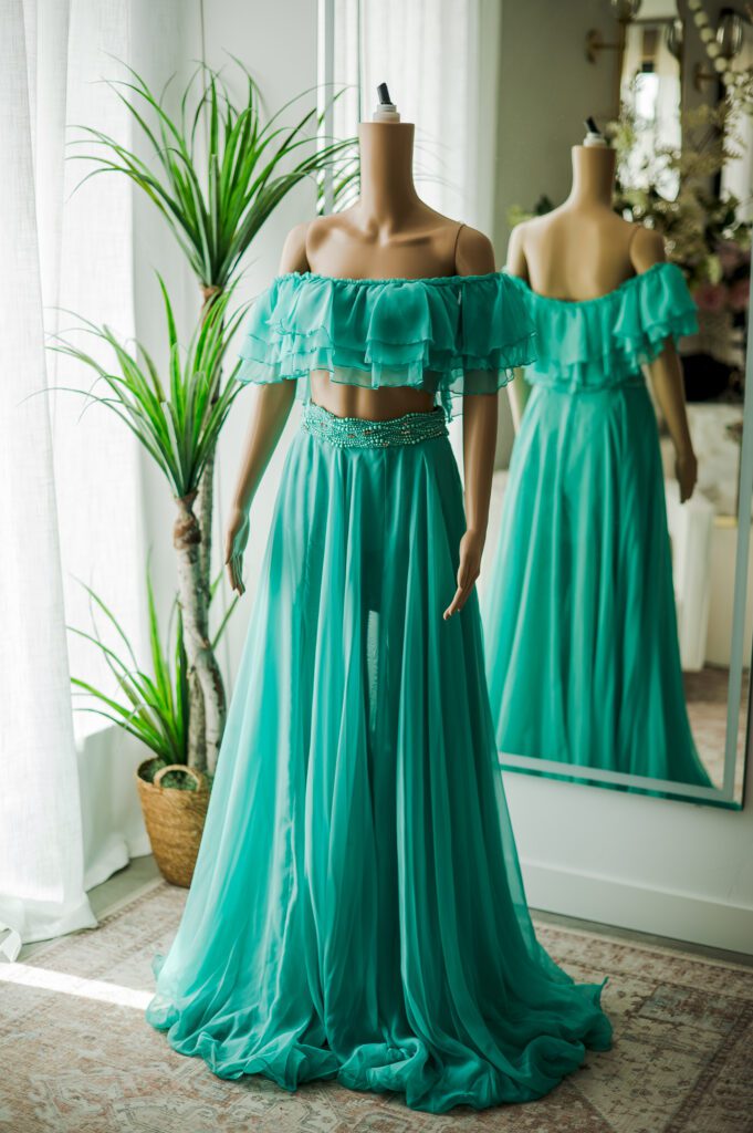 Tarik Ediz 2 Piece Teal Chiffon Gown-6