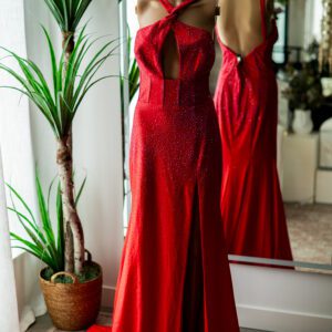 Jovani Red Heat Stone Cross Front Mermaid Gown-8