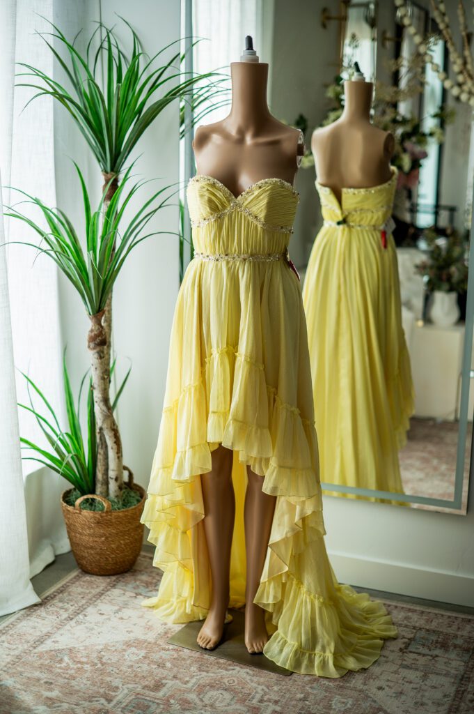 Mac Duggal Butter Yellow High Low Strapless Gown-2