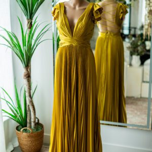 Mac Duggal Pleated Chartreuse Satin Corset Dress-2