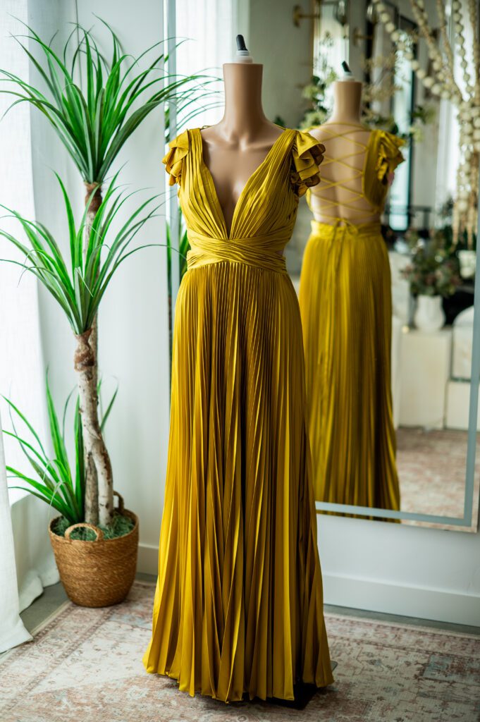 Mac Duggal Pleated Chartreuse Satin Corset Dress-2