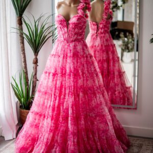 Jovani OOAK Sample Pink Floral One Shoulder Ballgown-4