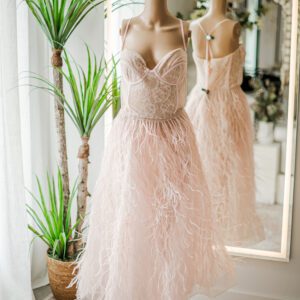 Terani Couture Dusty Pink Feather Bodysuit Midi Dress-16