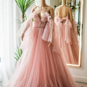 Tarik Ediz Pleated Blush Pink Deep V Ballgown-6
