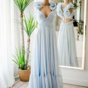 Mac Duggal Dusty Blue Ruffle Sleeve Corset Back Gown-8