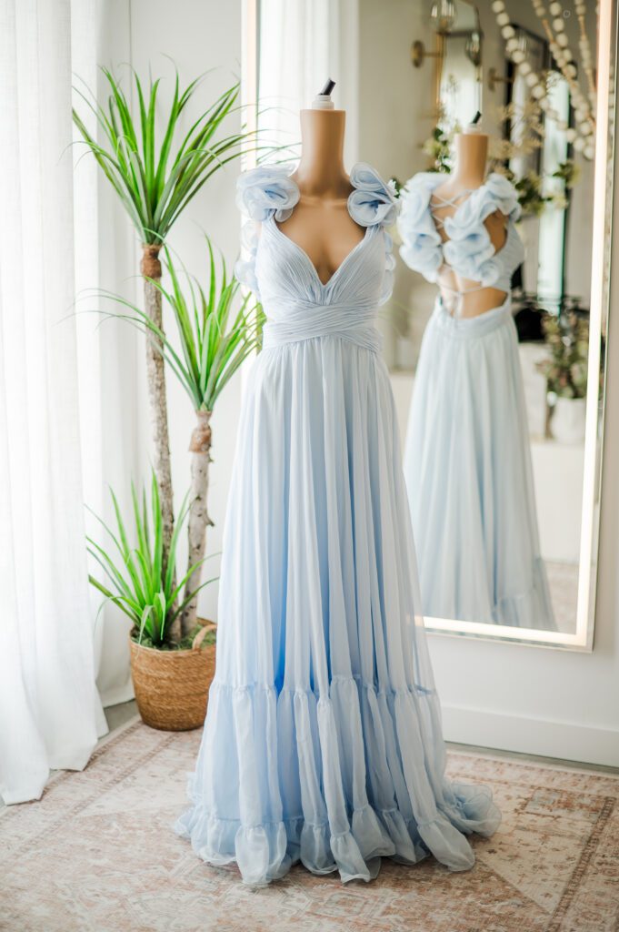 Mac Duggal Dusty Blue Ruffle Sleeve Corset Back Gown-8