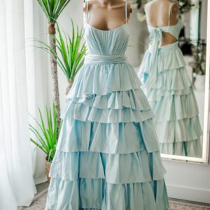 Mac Duggal Blue Satin Ruffle Tier Ballgown-10