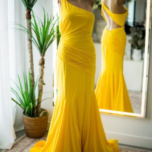 Yellow One Shoulder Mermaid Gown-8