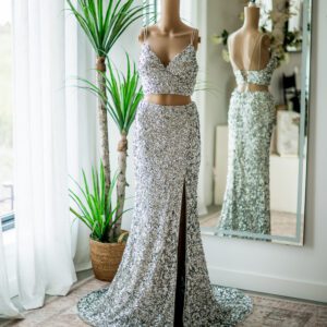 Sherri Hill Silver 2 Piece Sequined Gown-6